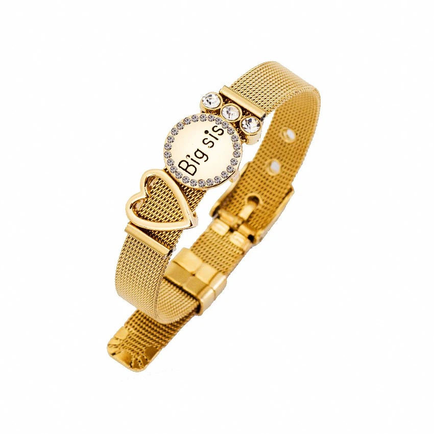 

Fashion crystal love big sis slide letter combination mesh stainless steel adjustable strap personalized charm bangle, Steel color/gold /rose gold