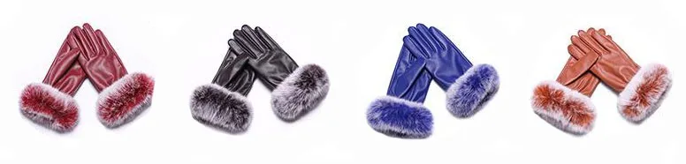 Ladies Winter PU Leather Gloves with Fluffy Rabbit Fur Cuff Fleece Lining China Factory