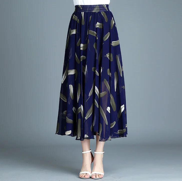 Printed Chiffon Long Skirt High Waist Pleated Skirt High Waist Thin ...