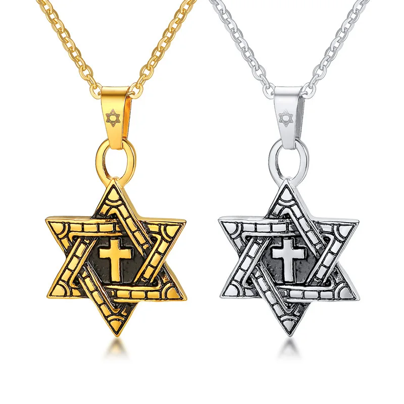 

New men's stainless jewelry cross six point star necklace