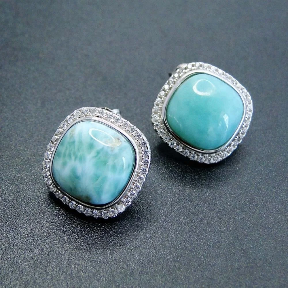 

925 Sterling Silver Cushion Natural Blue Larimar Stud Earrings, Blue larimar stone