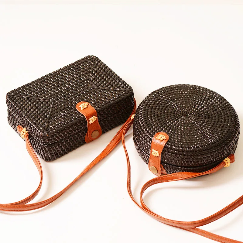 

Mini Round Rattan Black Women Bag with Leather Bali Shoulder Boho Purse Handwoven Straw Circle Bag