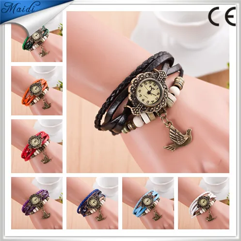

Free Shipping Women Leather Bracelet Watch Ladies Dress Watches Bird Vintage Quartz Analog WristWatch VW029, 11 different colors as picture