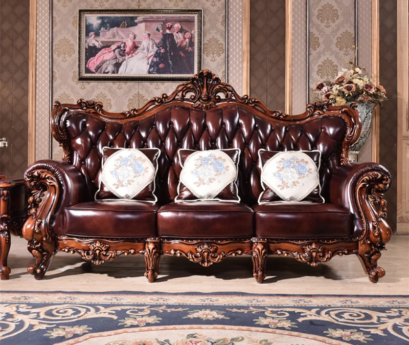 Sofá De Madera Antiguo Funda De Cuero Genuino Diseño Clásico Juego De