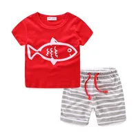 

Mudkingdom boys and girls summer beach stripe single jersey fabric fish and ship pattern t shirt and shorts set for children