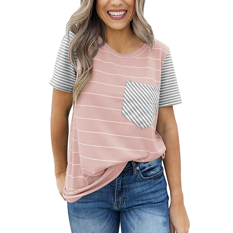 

Striped Short Sleeve summer custom women tees t-shirt with Pocket