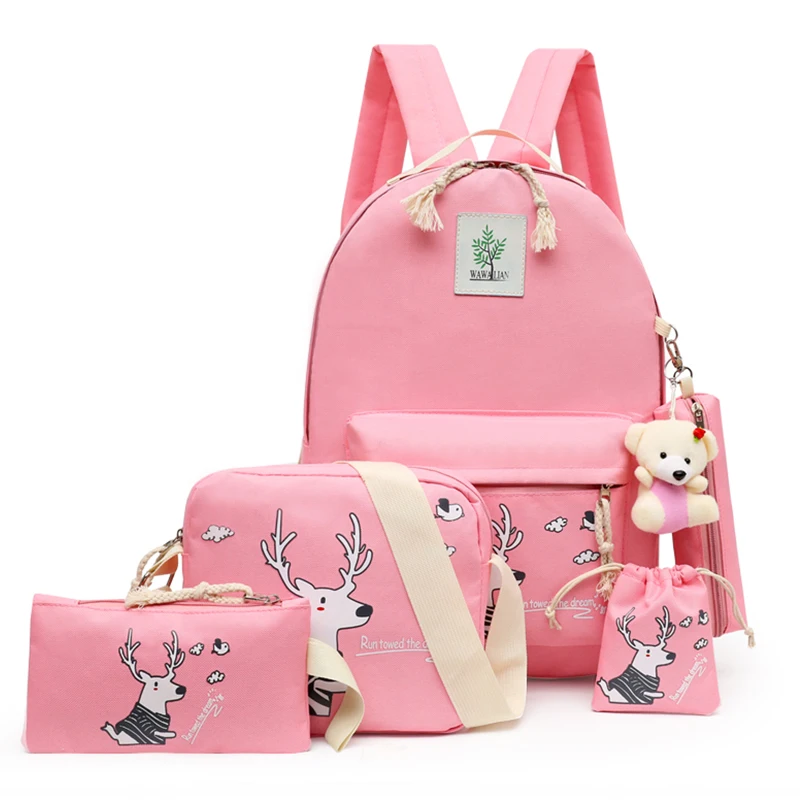 

New Fashion Color Wholesale Girls Canvas Bag 4 pcs Sets Canvas School Backpack Set, Blue/black/pink/cyan blue