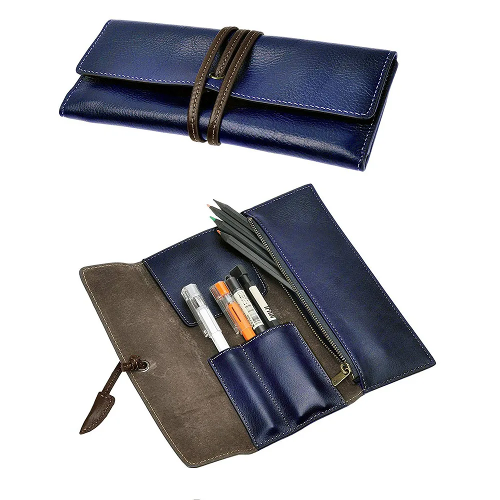 Handmade Leather Pencil Pen Case Bag Pouch Holder Zipper Slim Brush Tool School 