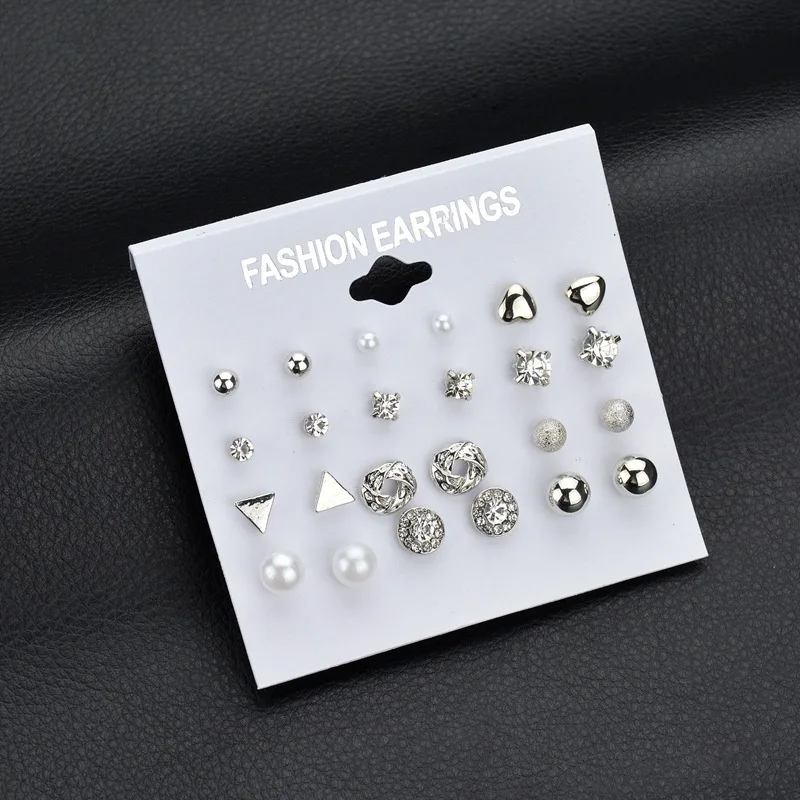
Trendy Style 12 pair/set Square Crystal Heart Stud Earrings Women Piercing Simulated Pearl Flower Earring 