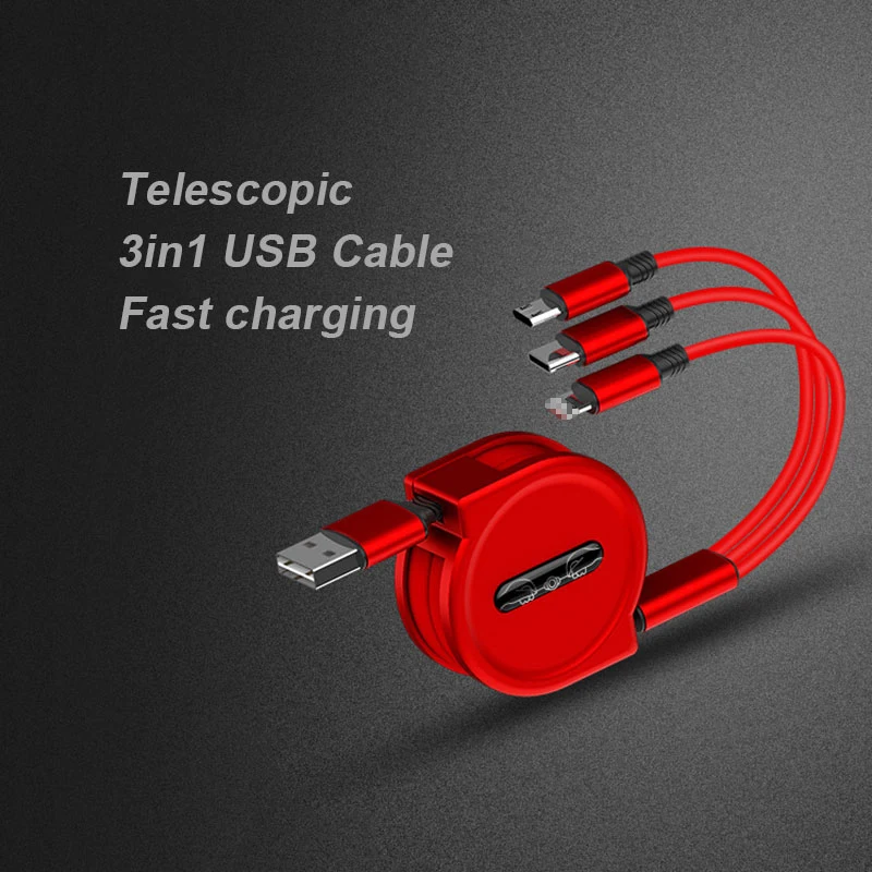 

High Quality 3in1 Telescopic USB Cable Charger Retractable Charging Cable for Smartphones, Black red blue