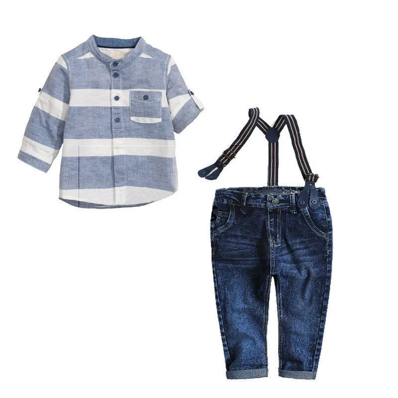 

children boutique clothes 2019 Boys Clothing Kids stripe Shirt overalls Jeans Pants 2pcs Set For Children, As picture