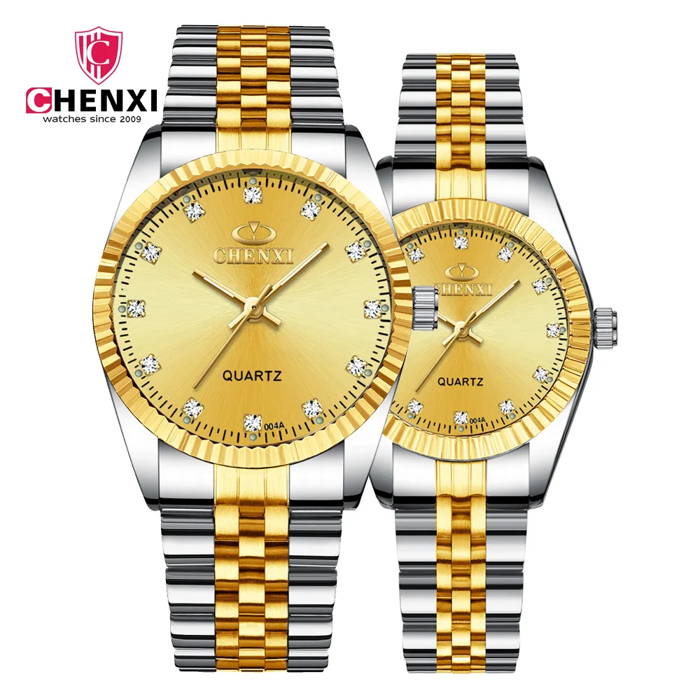 

CHENXI 004A Hot Sell Luxury Design Rhinestone Gold Couple Watch Stainless Steel Quartz Wrist Watch Brand, As the picture