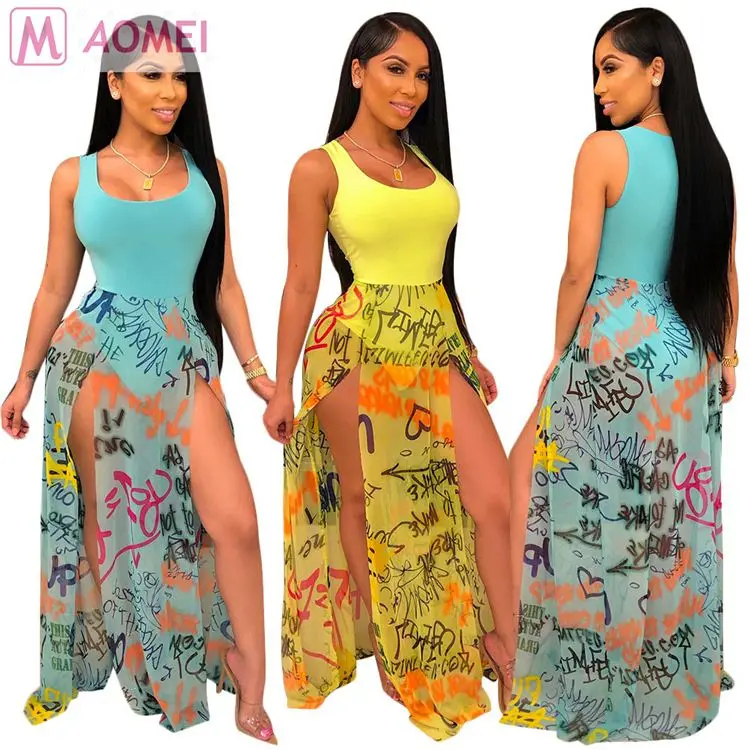 

S2069 hot woman fashion mesh patchwork strap one piece bodysuit long slit mesh dress