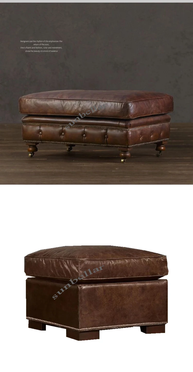 Genuine Leather Foot Rest Ottoman Stool Vintage Sofa Tufted Pouf