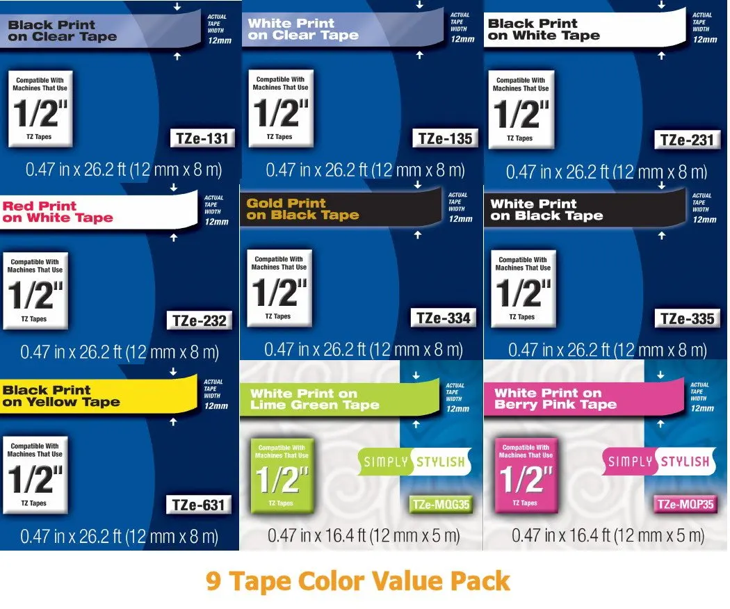 Genuine Brother TZe 1/2" (12mm) Color Variety Pack (9 Tapes) for Brother PT-D210, PTD210 Label Maker