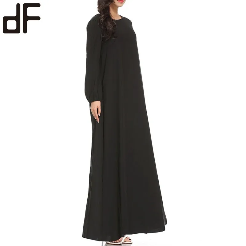 Wholesale Evening Dress For Muslim Women Chiffon Plain Black Muslim Summer Dress Maxi Long Dress