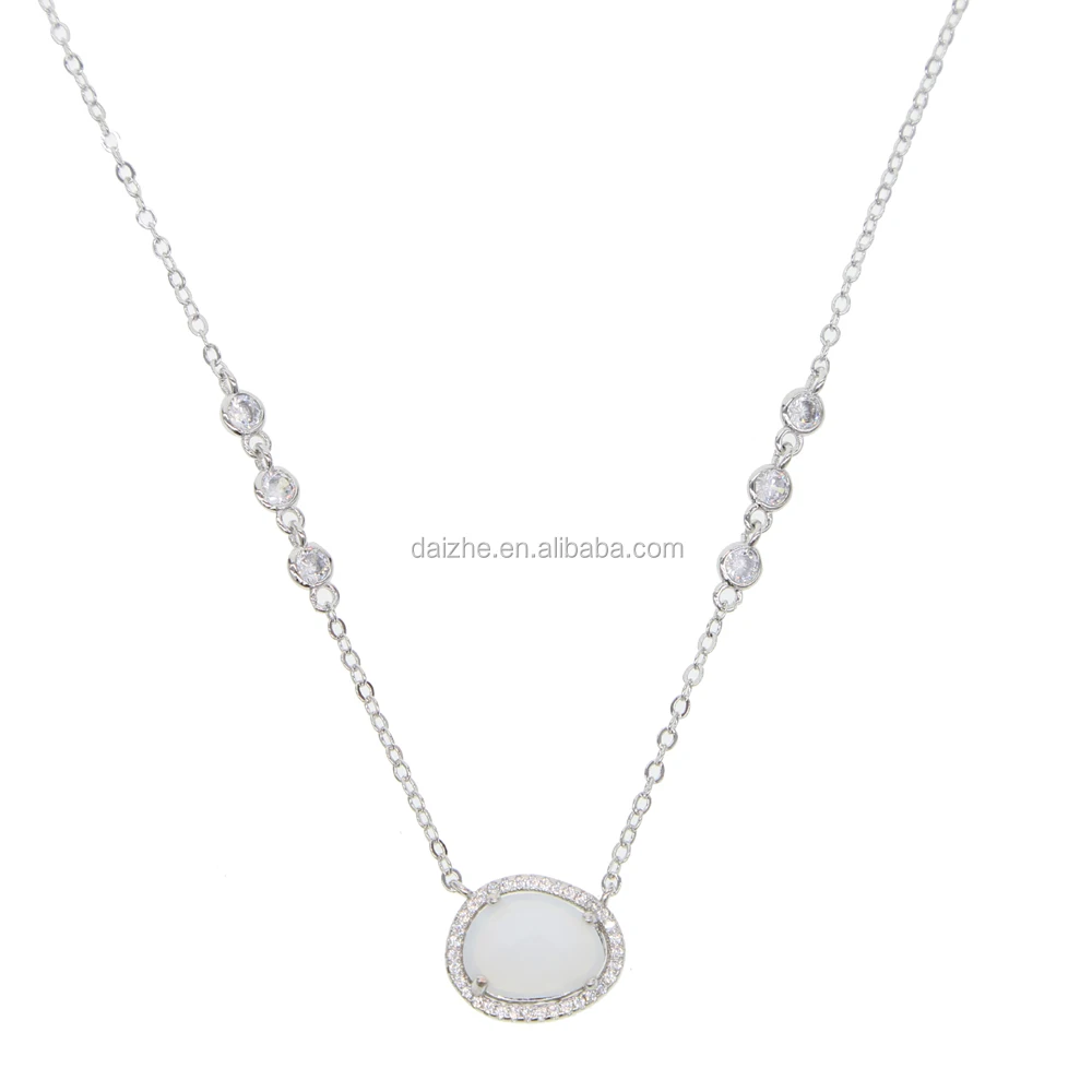 

fashion usa women cz bezel station chain necklace with big oval opal stone paved silver rose gold necklace