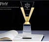 Wholesale factory price V shape design trophy award metal golden plaques with crystal base Metal Oscar trophy