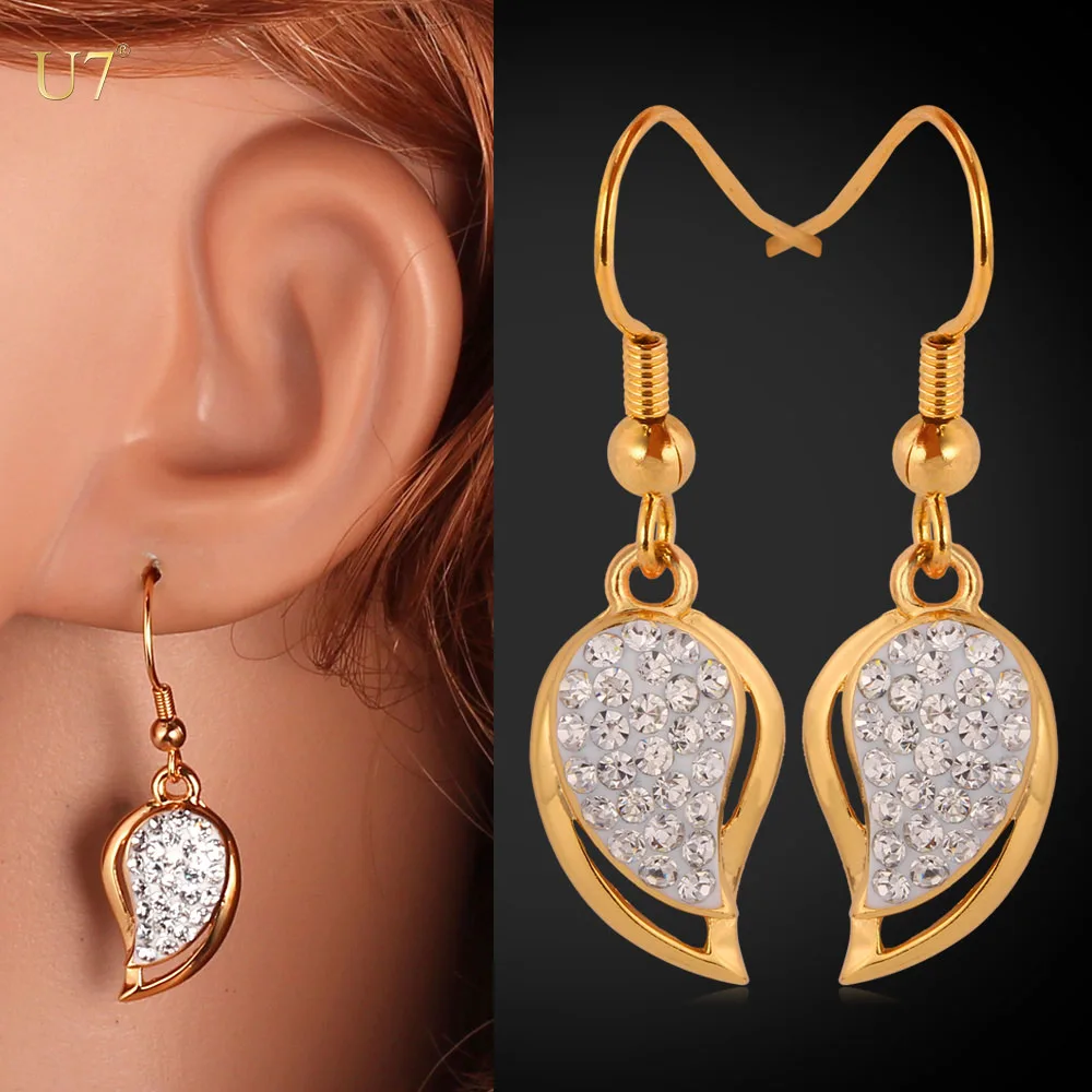 

U7 Leaf Earrings Fashion jewelry Trendy 18k Gold Plated Rhinestone Wholesale Drop Dangle Earrings For Women gift, Gold color