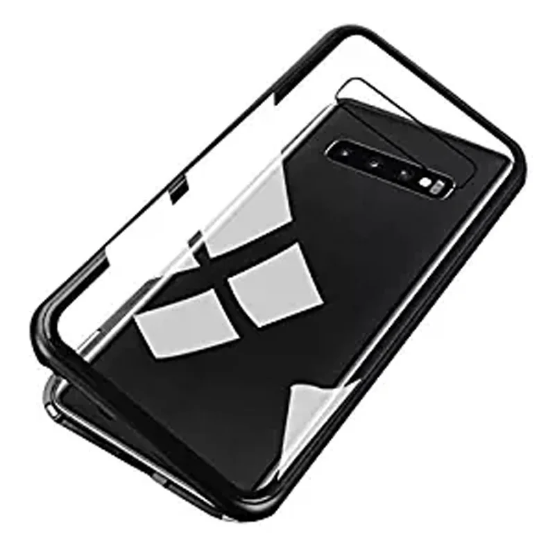 

Magnet Metal Case for Samsung Galaxy S10 + S10 Plus Aluminum 9H Tempered Glass Back Cover, Clear black & red & silver