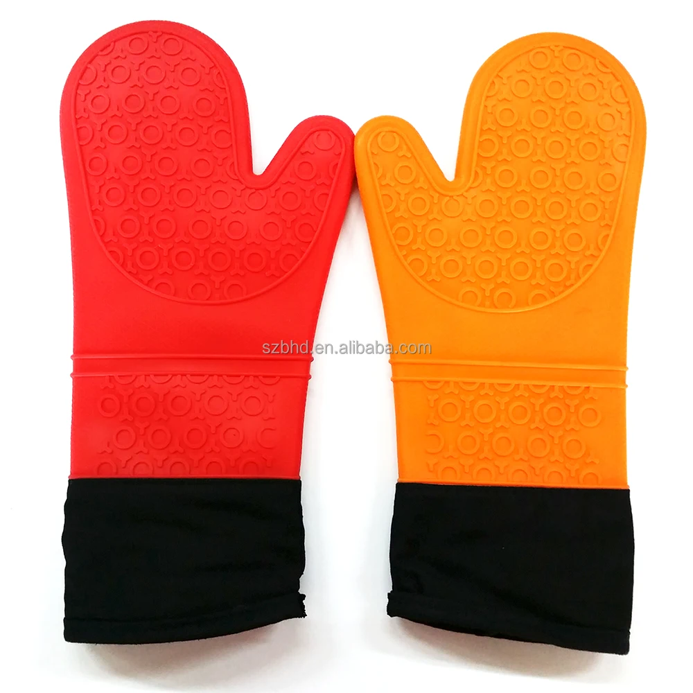 Extra Long FDA Silicone Oven Mitt With Cotton Lining, Silicone BBQ Oven Grill Gloves