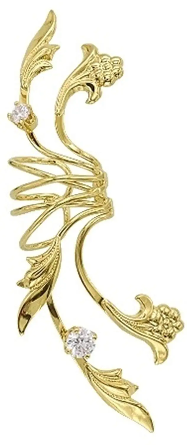Ear Charms Non-Pierced S//W Leaf Full Ear Spray Gold On Sterling Silver Right Ear Cuff Earrings