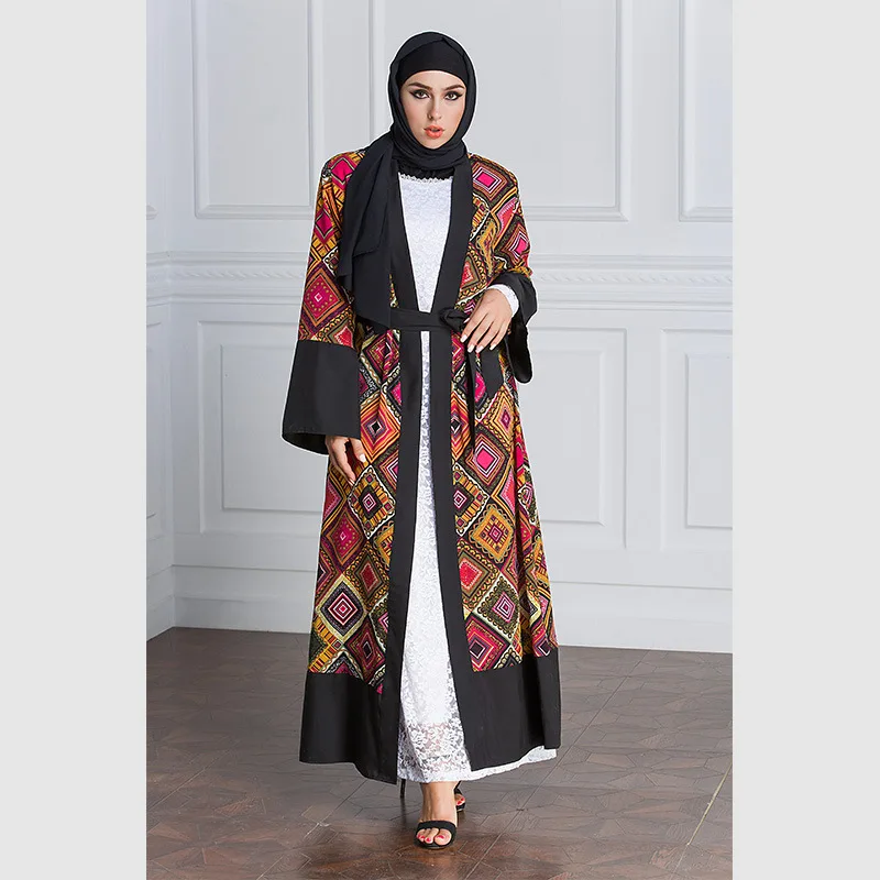 

Fashion Design Women Geometric Pattern Printing Muslim Abaya Designs Cardigan Muslim Women Abaya, Red