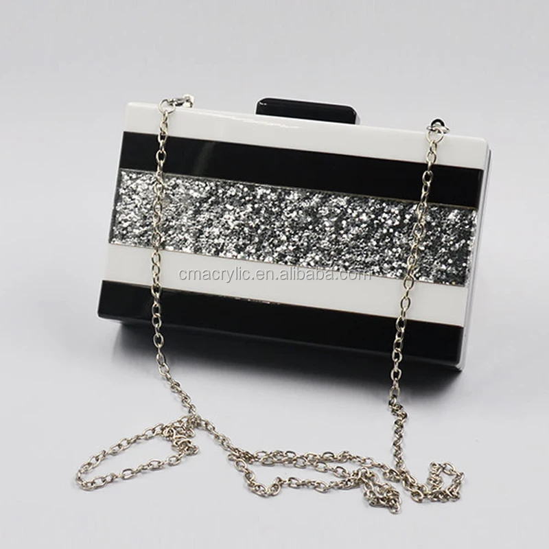 black handbag with silver chain strap