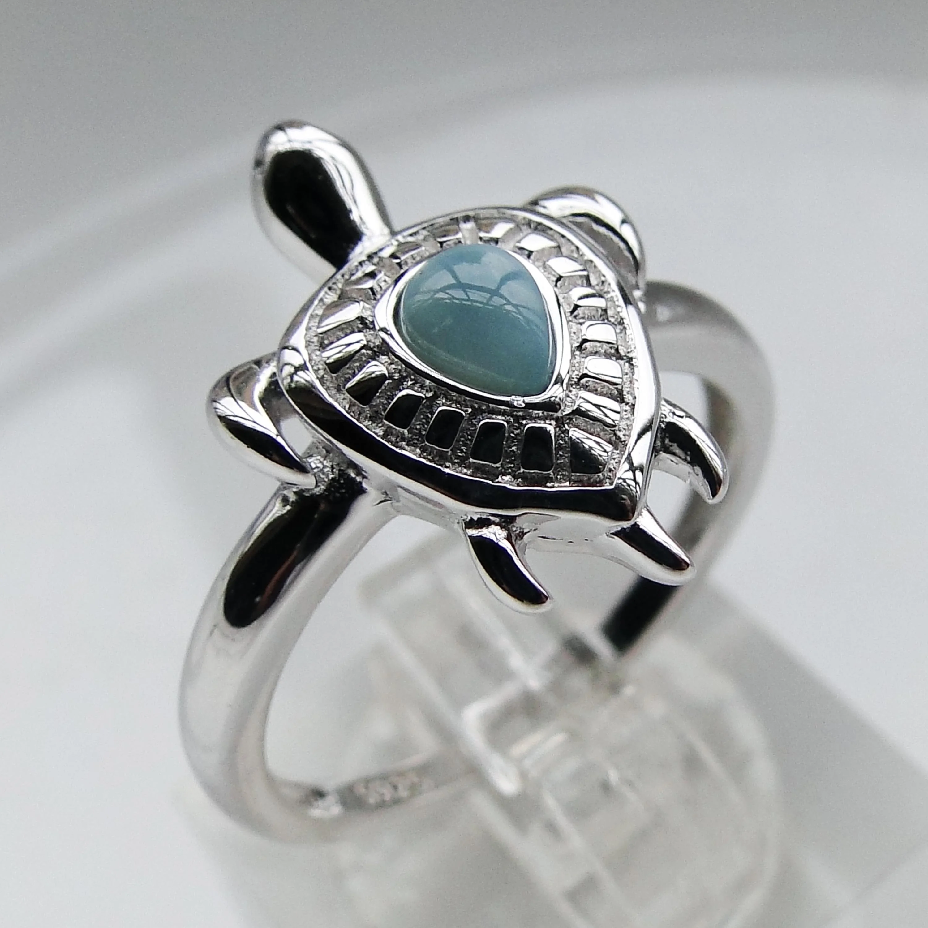 

100% 925 Sterling Silver Sea Life Jewelry Natural Blue Larimar Turtle Rings