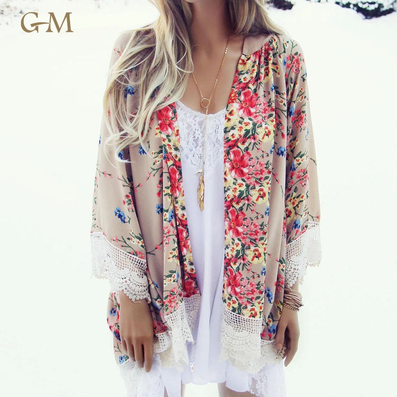 

Women Boho Lace Floral Chiffon Blouse Long Sleeve Kimono Cardigan