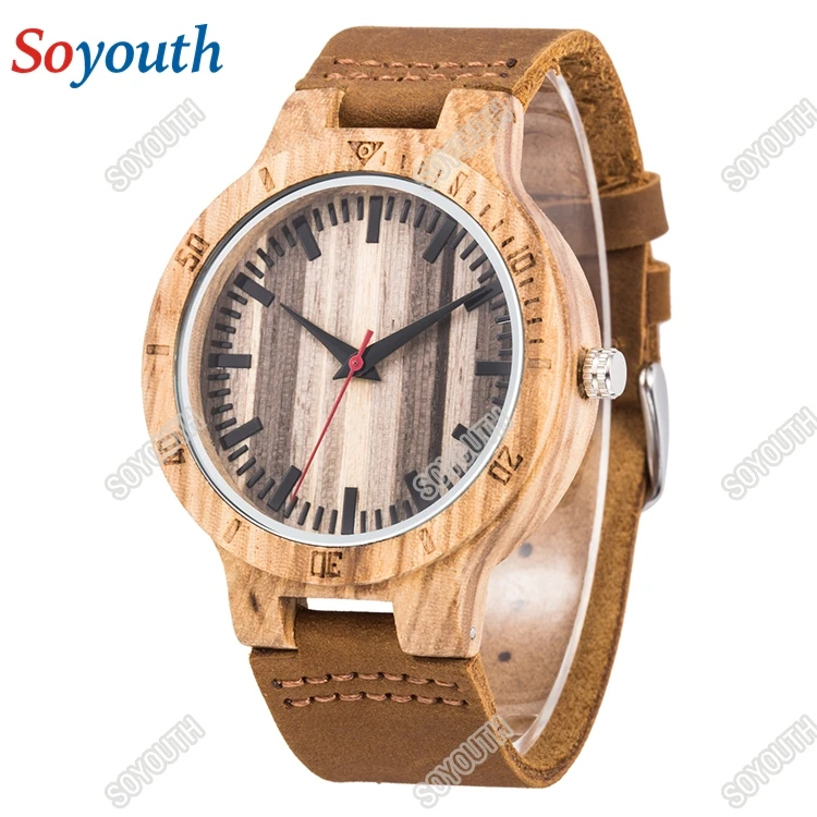 

WD 131 Creative Wooden Watch Man Trendy Quartz Nature Wood Pattern Face Bamboo Genuine Leather Band Strap Watch