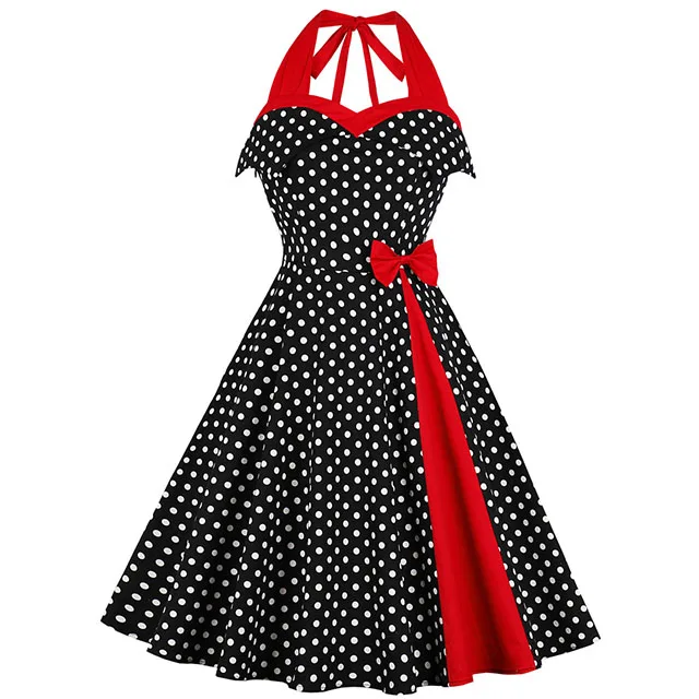 

Women Polka Dot Print Halter Vintage Casual Patchwork Red Bow Hepburn 50s Dress Rockabilly Pin Up Party Dresses