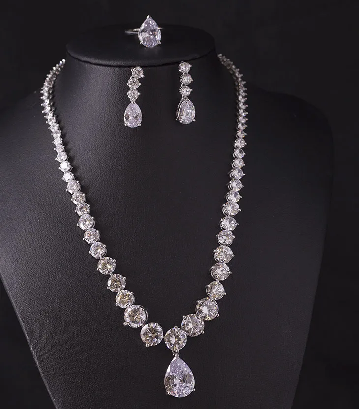 

4 In 1 18K Plated Copper CZ Evening Dress Wedding Accessories Lab-Created Diamond Bridal jewelry Set, Silver/gold