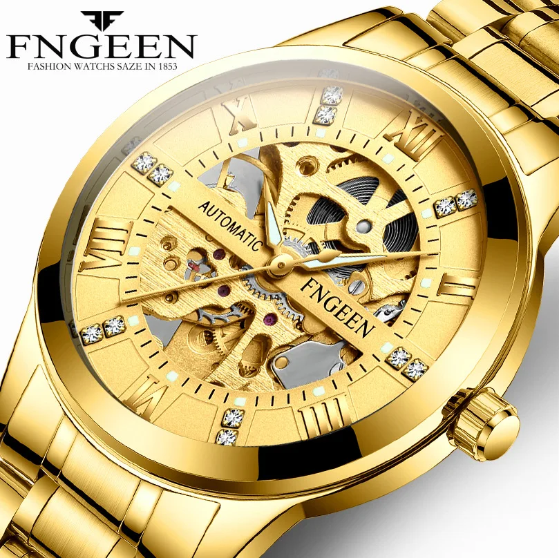 

FNGEEN 6020 British Style Automatic Mechanical Watch Hollow-out Water Resistant Crystal Fashion Men Wrist Watch, As the picture
