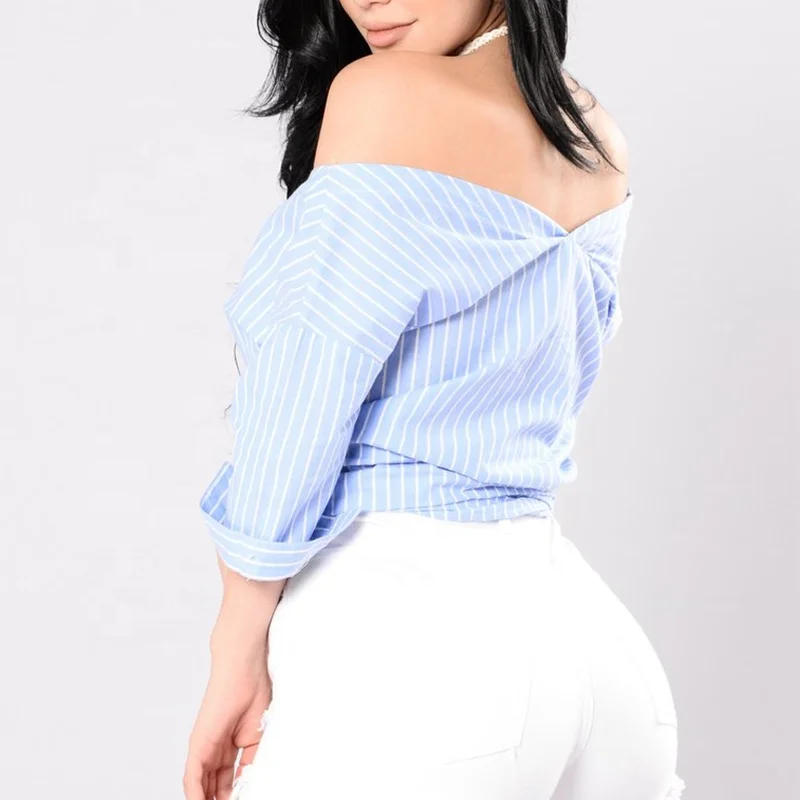 

V-neck women blouse Long Sleeves Tie Front sexy Crop Top, Blue/white