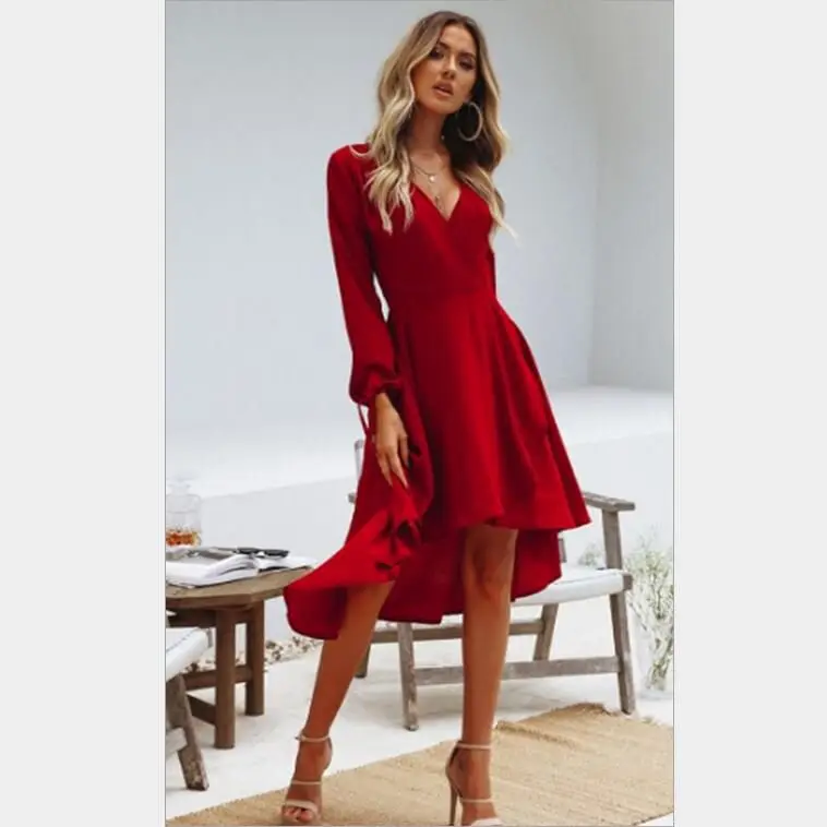 

Autumn long-sleeved V-neck dresses women party drawstring chiffon dress irregular dovetail skirt