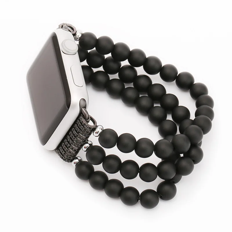 

Black color 3 links elastic bead agate for apple watch band 38mm 42mm 40mm 44mm