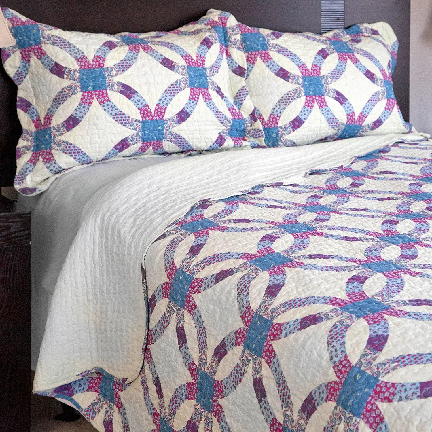 3 Piece White Patchwork Full Queen Size Quilt Set, Wedding Ring Themed Blue Red, Floral Geometric Purple Flowers French Country Sabby Chic, Circles Ivory,Cotton Polyester