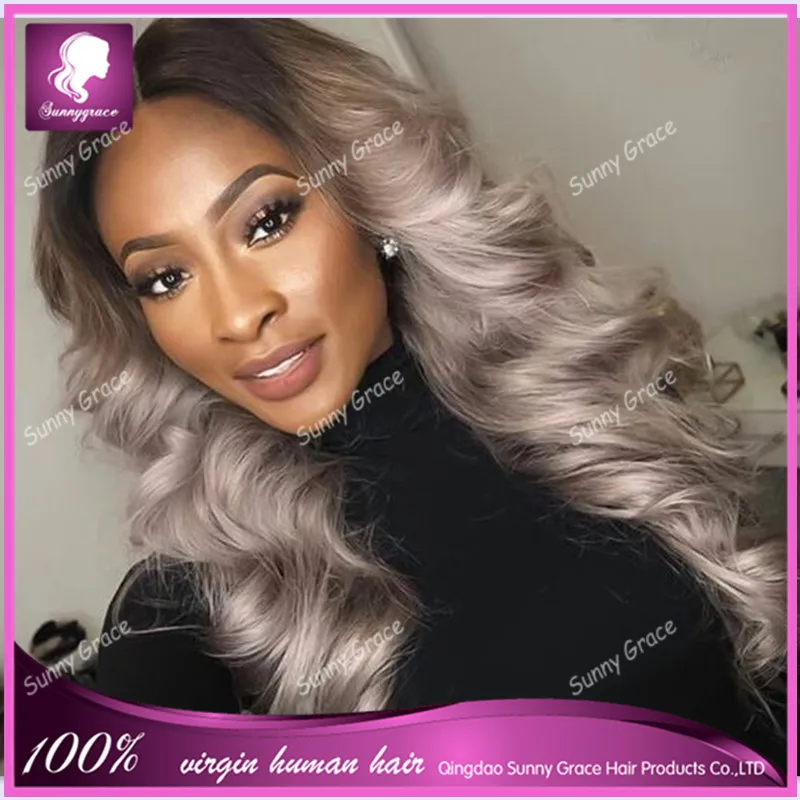 

Top grade quality 1b/grey# brazilian human hair silver grey ombre two tone loose wavy front lace wig, N/a