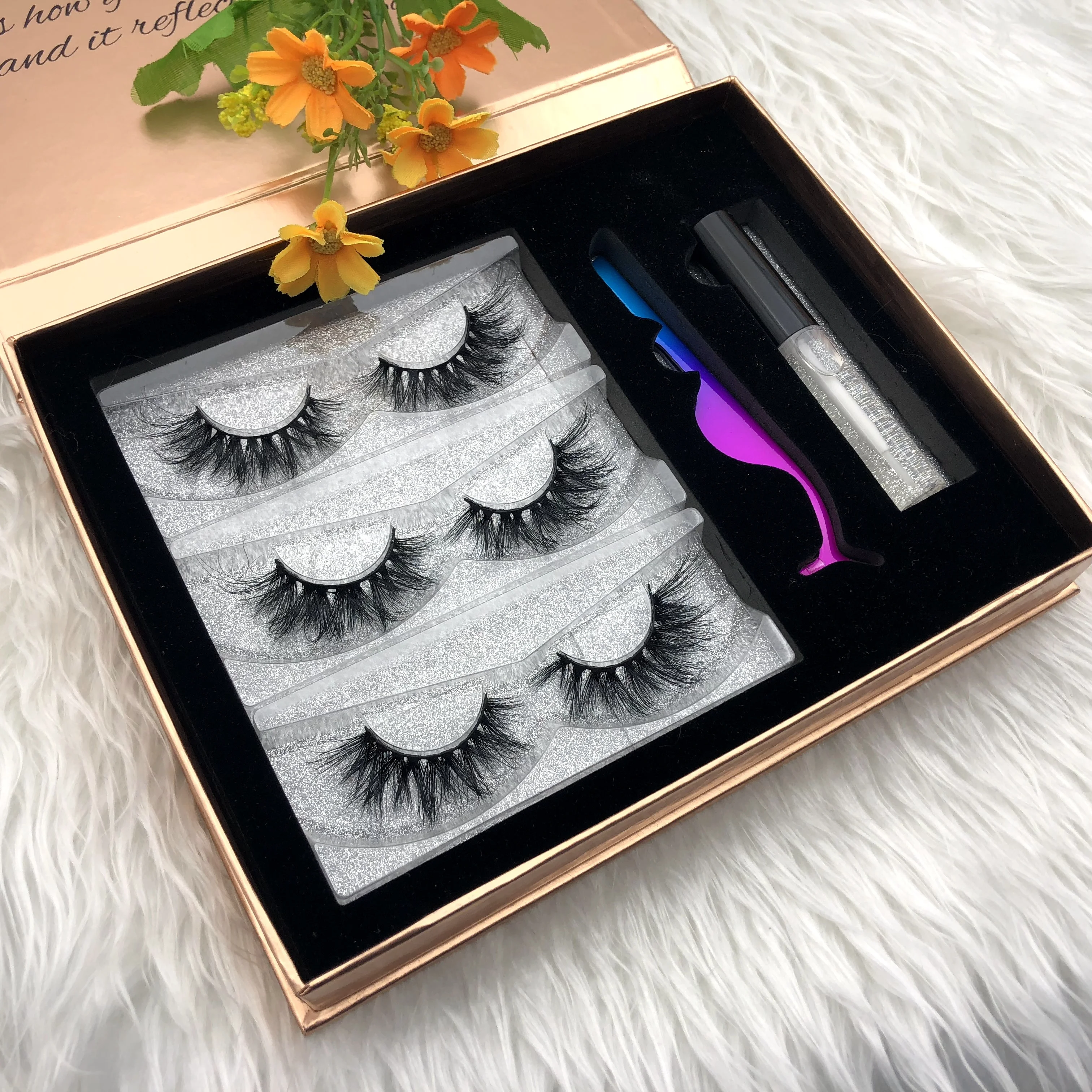 

Wholesale private label mink eyelashes real individual mink 3d lashes glitter custom eyelash packaging box for makeup, Natural black