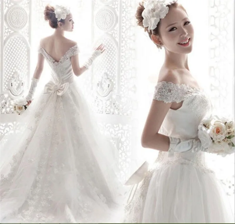 

New Cheap Off-Shoulder Sexy Lace Alibaba Long Tail Wedding Dress 2017, White