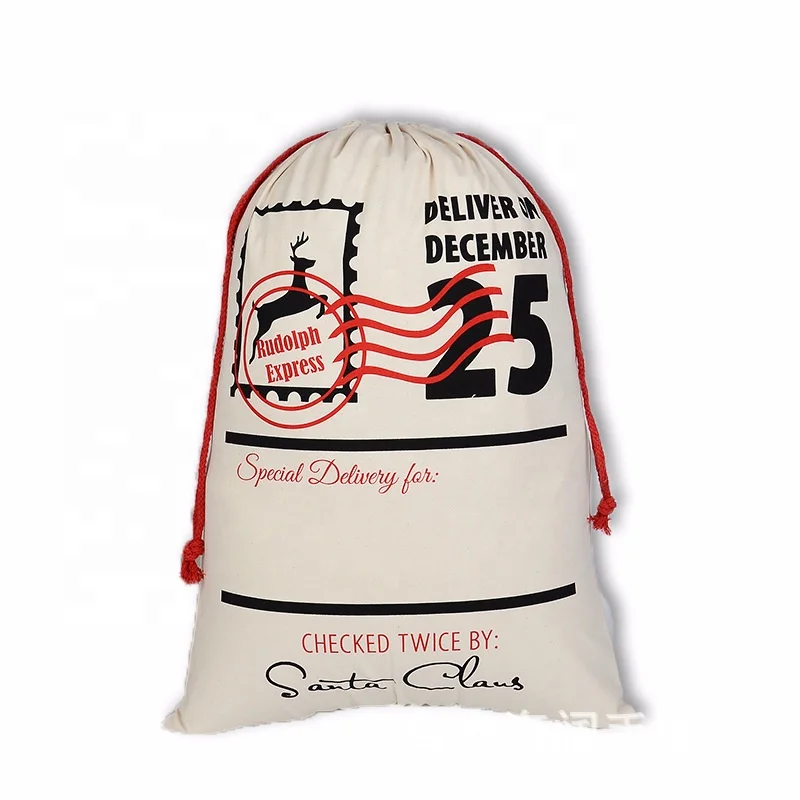 
natural cotton canvas santa sacks wholesale christmas drawstring bag 