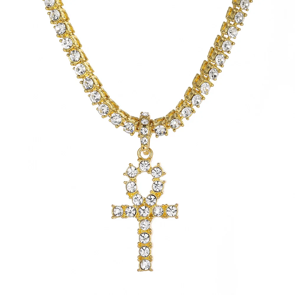 

European Hips Hops Iced Out Pave Full Crystal Rhinestone Tennis Chain Ankh Cross Pendant Necklace, As picture show