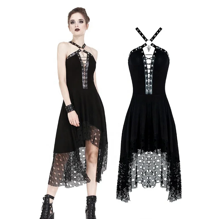 

Low MOQ women Punk knitted dress with net pattern hem and sexy eyelet