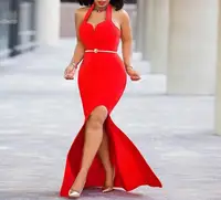 

Women Sexy Plus Size Evening Red Party Dresses A-line Split Halter Sleeveless Tight Elegant Celebrate Dinner Maxi Bodycon Robes