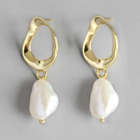 

Natural freshwater pearl 925 Sterling Silver Dangle Earrings for Women Simple 2019 Fashion Gold Baroque Earrings Jewelry