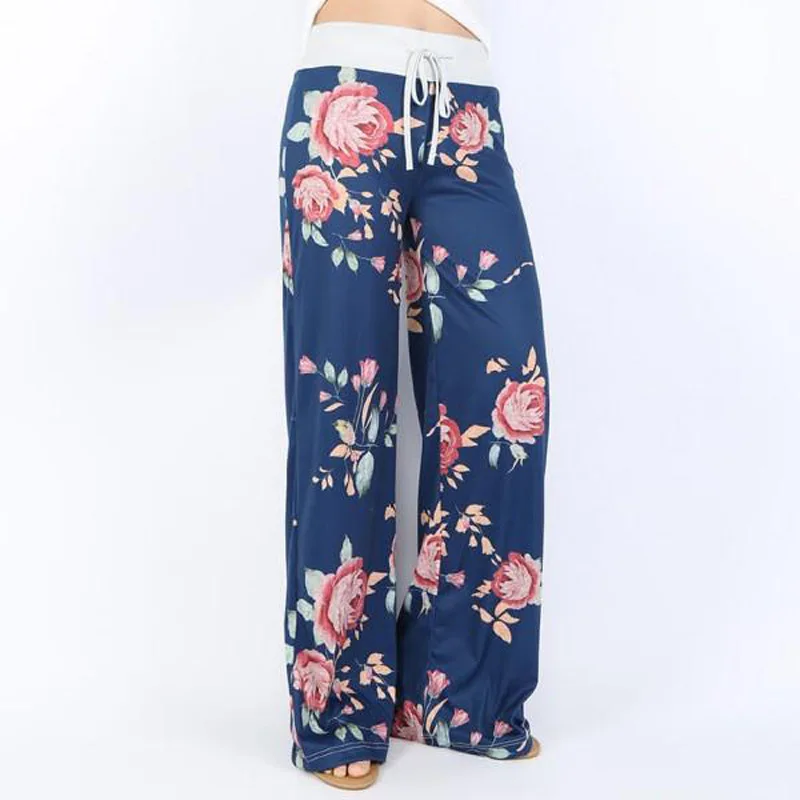 

wholesale custom Comfy Casual wide leg Pajama Pants Floral Print Drawstring Palazzo Lounge ladies beach Pants for womens, Grey