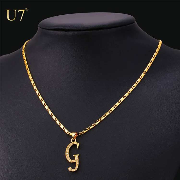

U7 gold Letter G Pendant necklace women accessories with 18K" stamp AAA+ cubic zirconia necklaces with chain