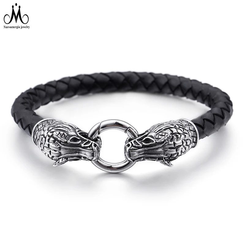 Leather Bracelet Mens Surf Wristband Braided Dragon Head Stainless Steel Clasp 