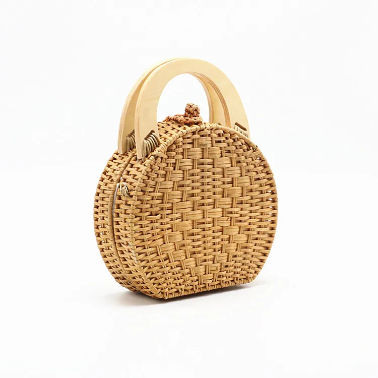 New Round Women Handbag With Wooden Handle Straw Woven Bags Nature Rattan Bag